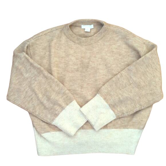 H&M Color Block Cropped Cream and Tan Warm Soft Crew Neck Winter Sweater - Picture 1 of 3